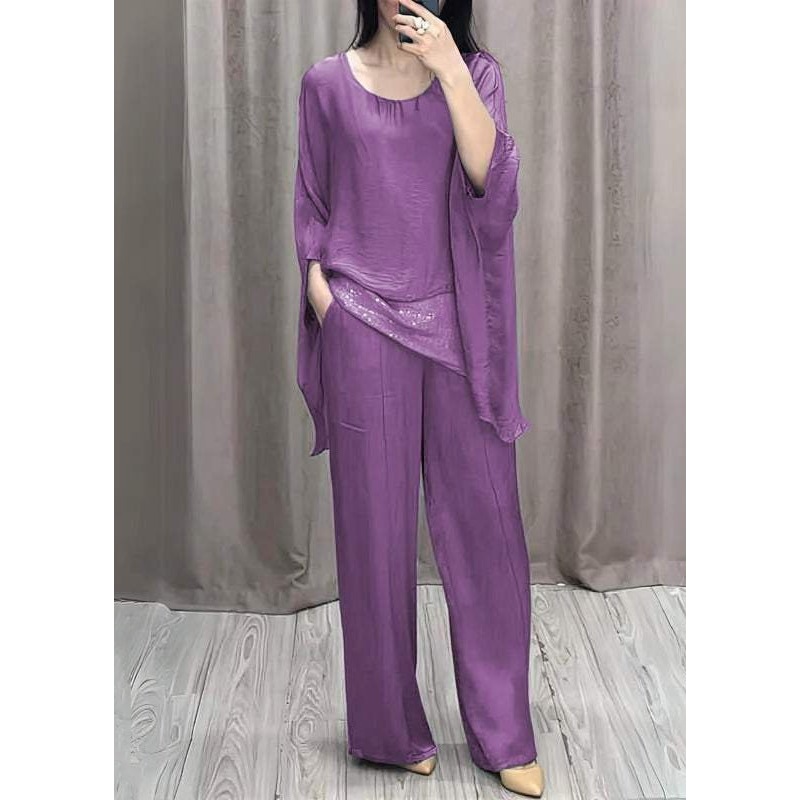 Loose Purple O Neck Solid Tops And Pants Cotton Two Pieces Set Batwing Sleeve