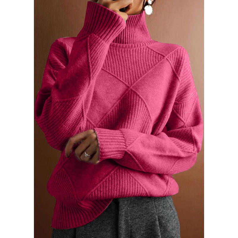 Loose Rose Turtleneck Plaid Cozy Knit Sweater Spring