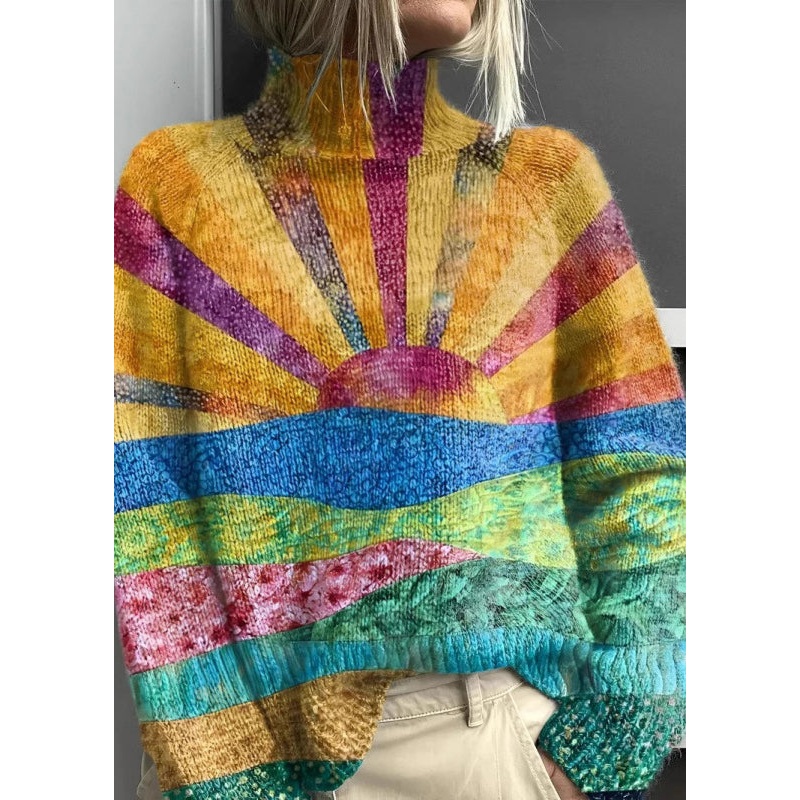 Loose Turtleneck Print Patchwork Knit Sweater Spring