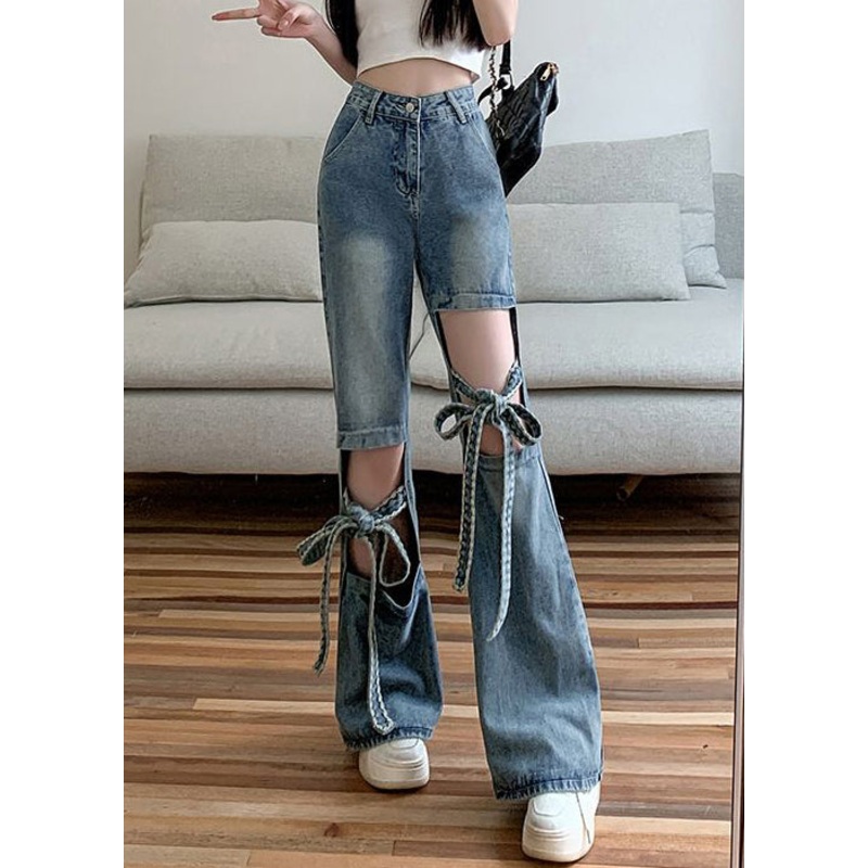 Modern Blue Hollow Out Lace Up Denim Pants Spring