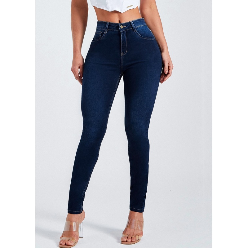 Navy Button Pockets Denim Summer Pants High Waist