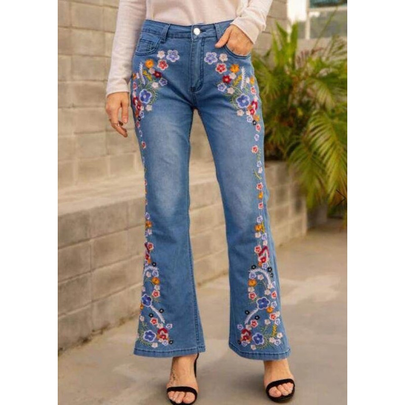 New Blue Embroidered High Waist Denim Flared Trousers Spring