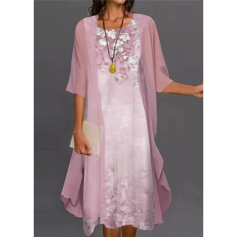 New Pink O-Neck Print Chiffon Two Pieces Set Half Sleeve