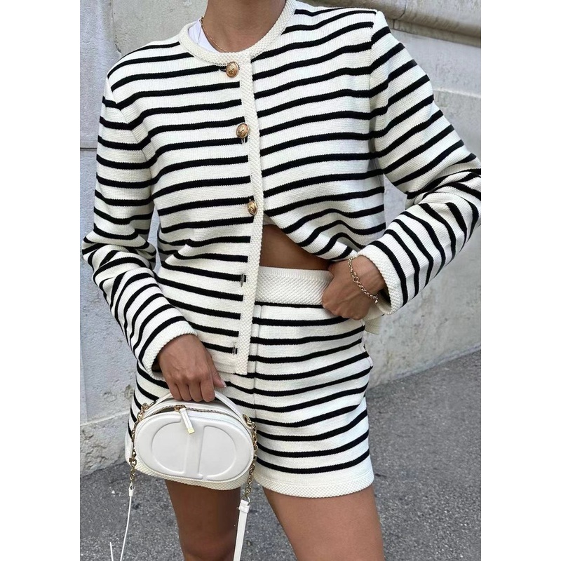New Striped Button Coat And Shorts Knitting Cotton Two Piece Set Spring