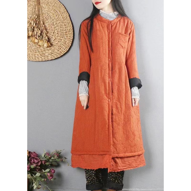 Orange Patchwork Fine Cotton Filled Winter Coats Button Lace