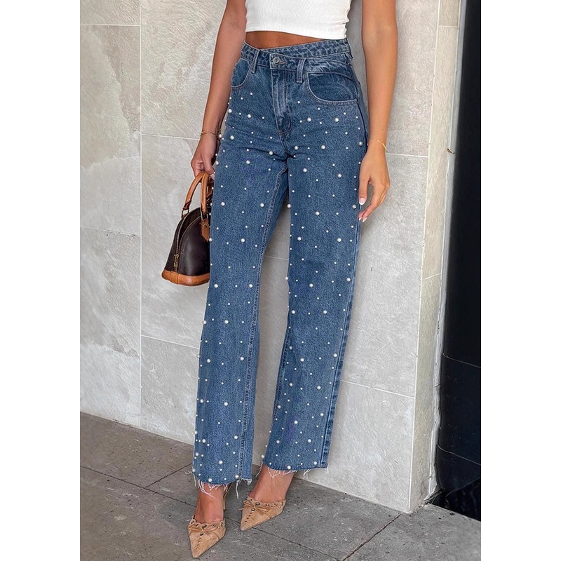 Original Design Blue Pockets Nail Bead Denim Pants Spring