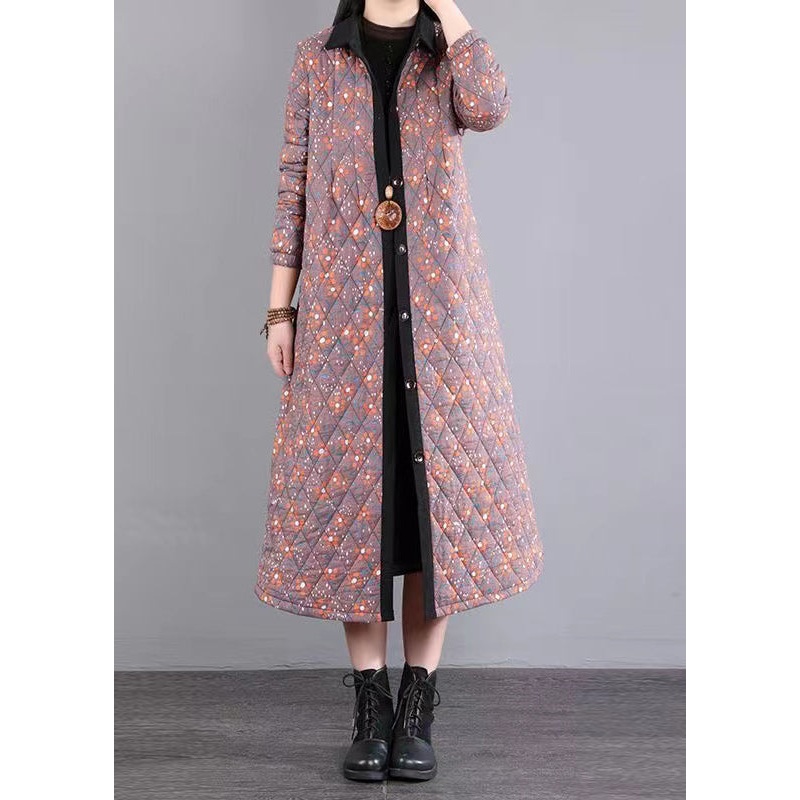 Pink Print Patchwork Fine Cotton Filled Coats Peter Pan Collar Button Winter