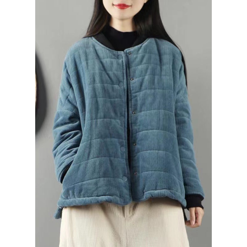 Plus Size Blue Stand Collar Pockets Fine Cotton Filled Coats Winter