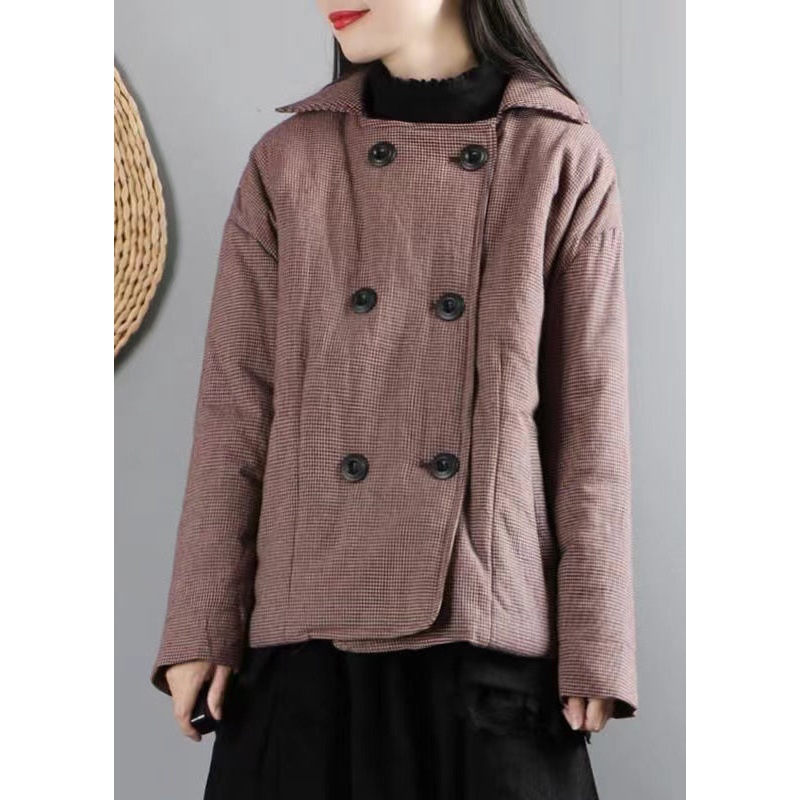 Red Plaid Pockets Patchwork Fine Cotton Filled Womens Coats Winter