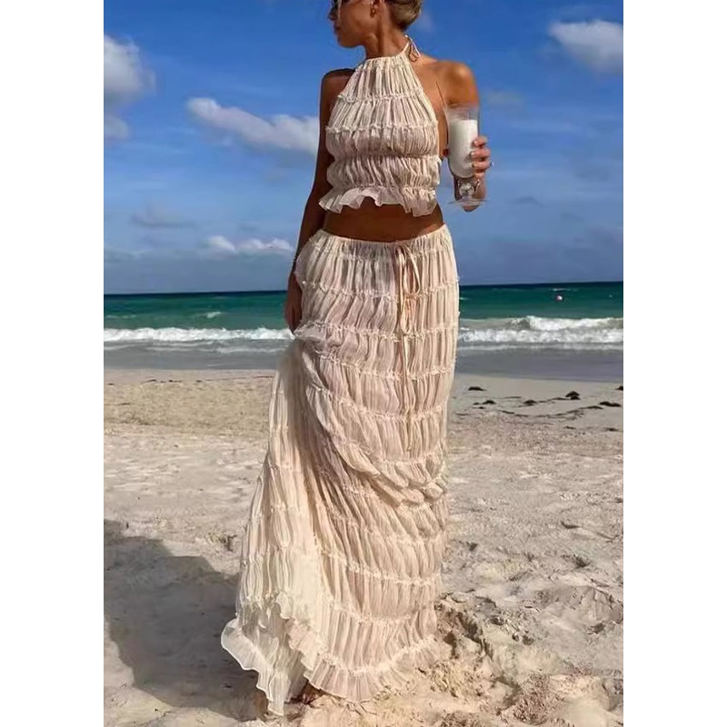 Sexy Beige Ruffled Lace Up Chiffon Two Pieces Set Sleeveless