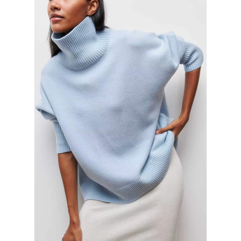 Simple Blue Turtleneck Solid Knit Sweaters Spring