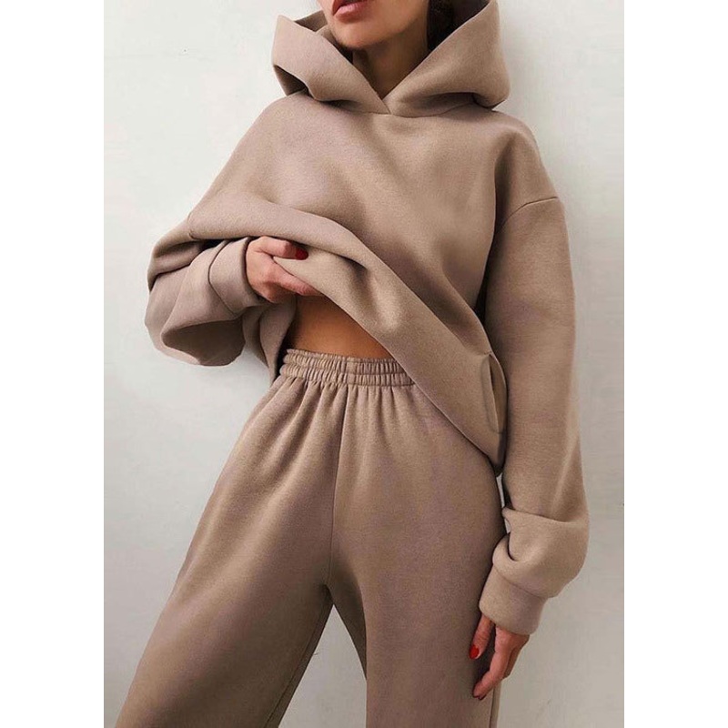 Simple Khaki Hooded Elastic Waist Cotton Two Piece Set Spring