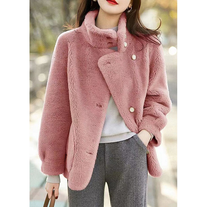 Simple Pink Stand Collar Pockets Patchwork Woolen Jackets Winter