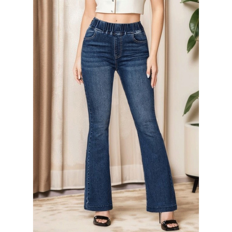 Slim Fit Denim Blue Pockets Elastic Waist Flare Bottoms Summer