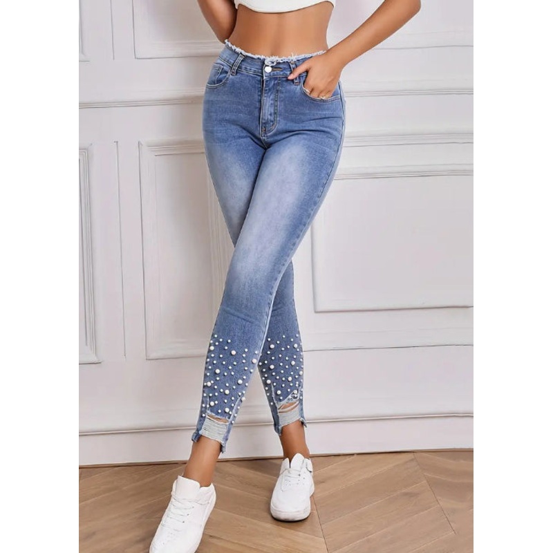 Slim Fit Light Blue Pockets Pearl Denim Pants Summer