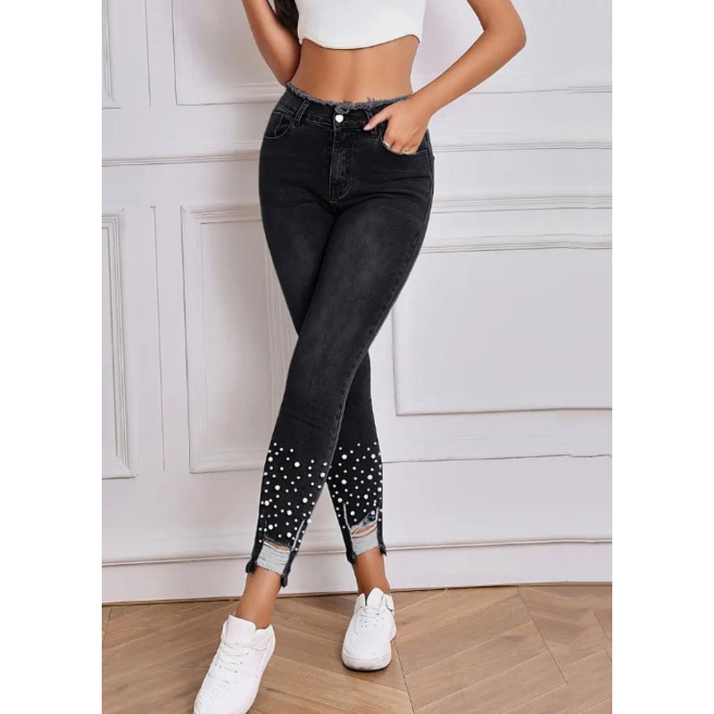 Stylish Black Pearl Hole Tunic Denim Pants Summer