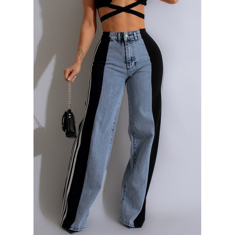Stylish Black Striped Patchwork Denim Pants Spring