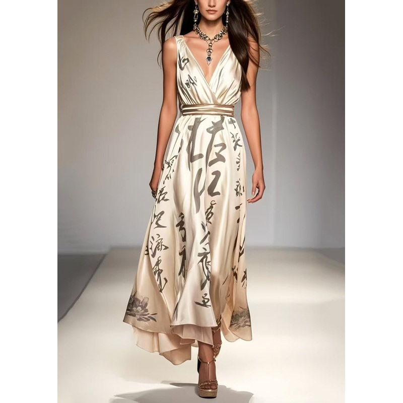 Unique Apricot Cinched Print Silk Holiday Dress Sleeveless