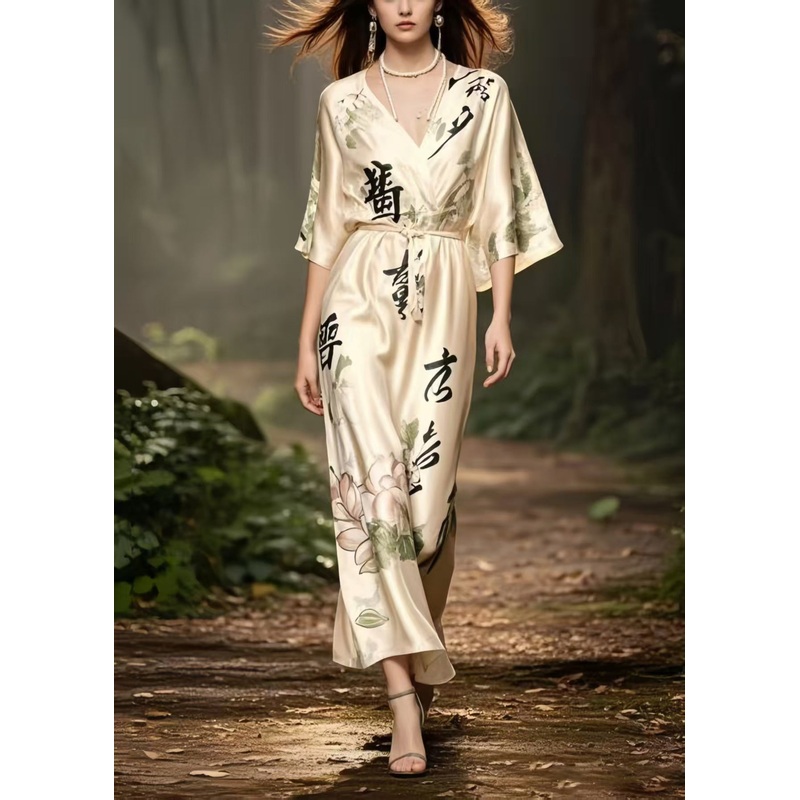 Vintage Apricot V Neck Print Draping Silk Long Dress Summer