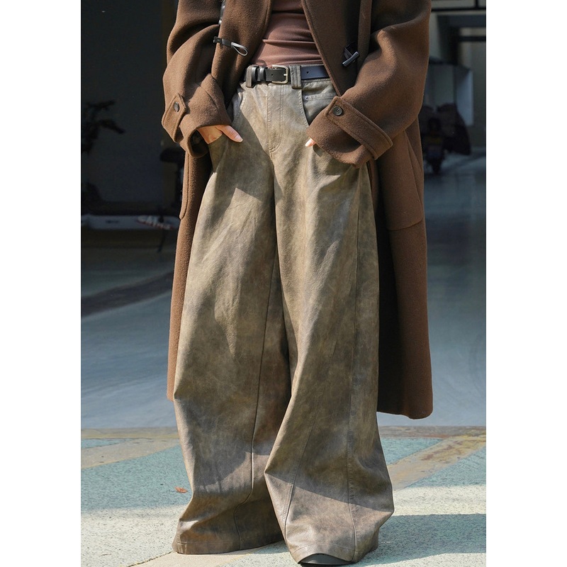 Vintage Coffee Pockets High Waist Faux Leather Wide Leg Pants Spring