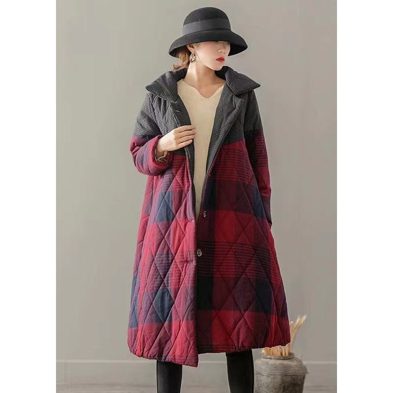Vintage Red Pockets Plaid Patchwork Fine Cotton Filled Coats Winter