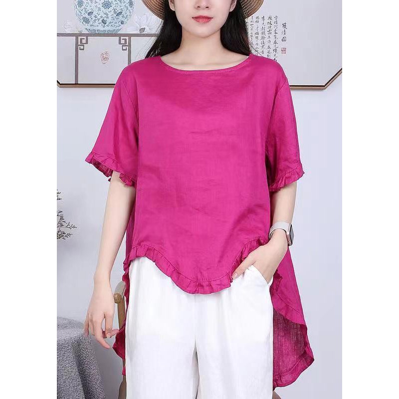 Vintage Rose Asymmetrical Ruffled Patchwork Linen Tops Summer