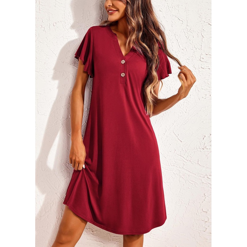 Wine Red Solid Cotton Summer Pajamas Dresses V Neck