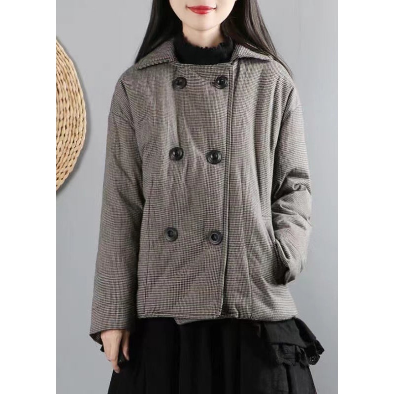 Women Black Plaid Pockets Double Breast Patchwork Cotton Filled Coats Winter
