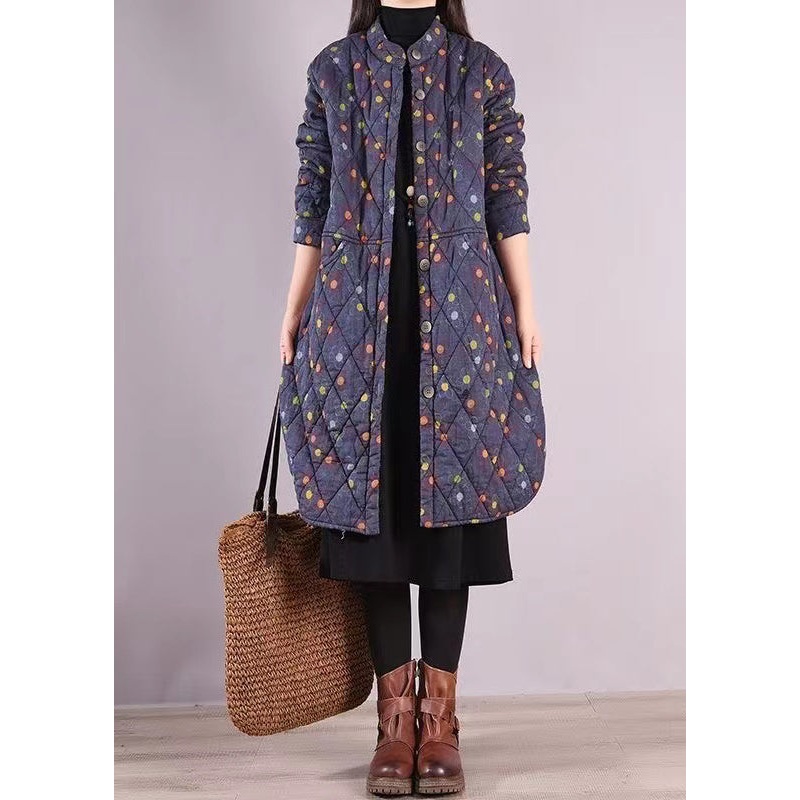 Women Blue Stand Collar Pockets Patchwork Fine Cotton Filled Coat Winter