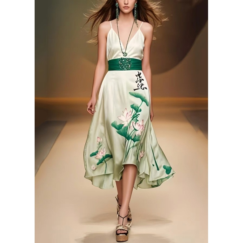 Women Green Cinched Lotus Leaf Print Silk Mini Dress Sleeveless