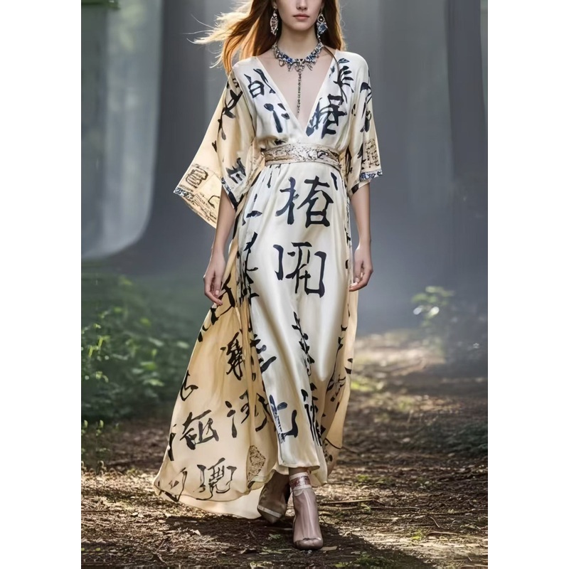 Women Khaki Cinched Print Silk Maxi Dresses Summer