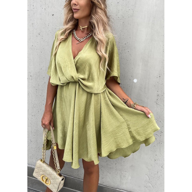 Women Olive Green V Neck Solid Cotton Mid Dress Half Sleeve