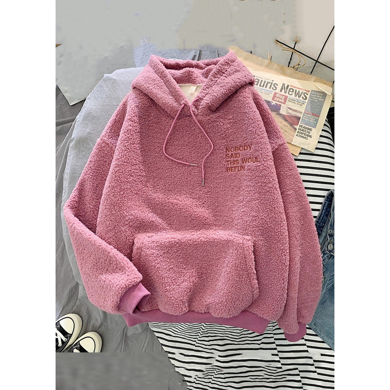 Women Pink Hooded Letter Pockets Teddy Faux Fur Sweatshirt Spring