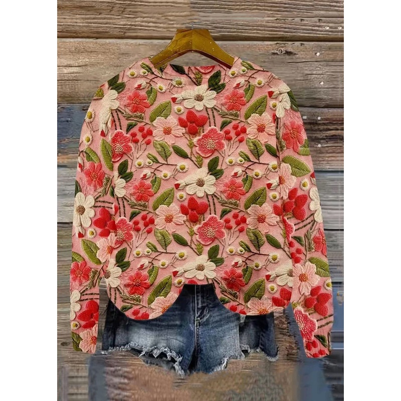 Women Pink O Neck Floral Knitting Cotton Sweaters Spring
