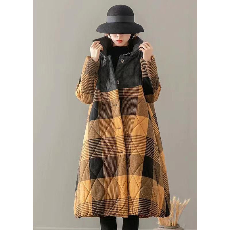 Yellow Pockets Plaid Patchwork Fine Cotton Filled Coats Button Winter