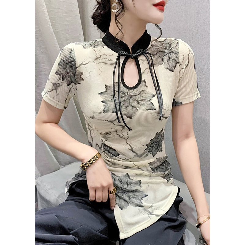 Apricot Stand Collar Print Button T Shirts Summer