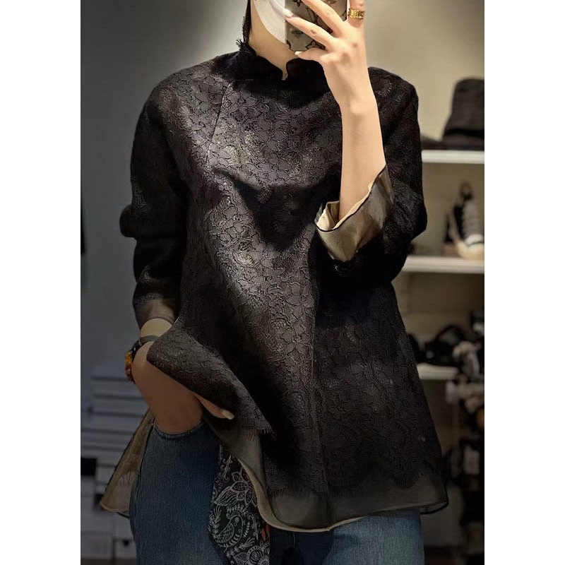Art Black Stand Collar Side Open Patchwork Lace Tops Fall
