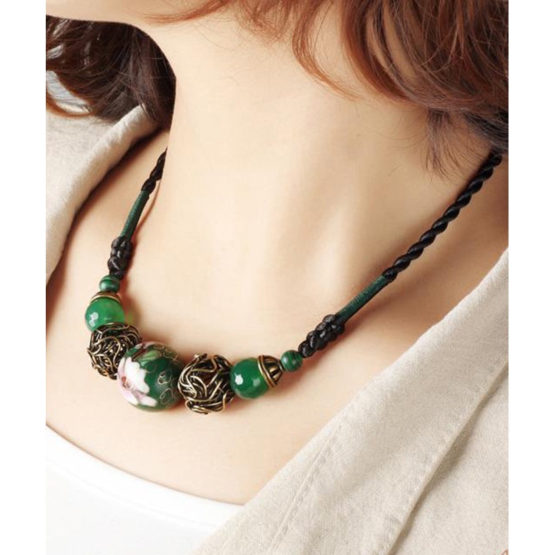 Art Green Agate Malachite Cloisonne Gratuated Bead Necklace