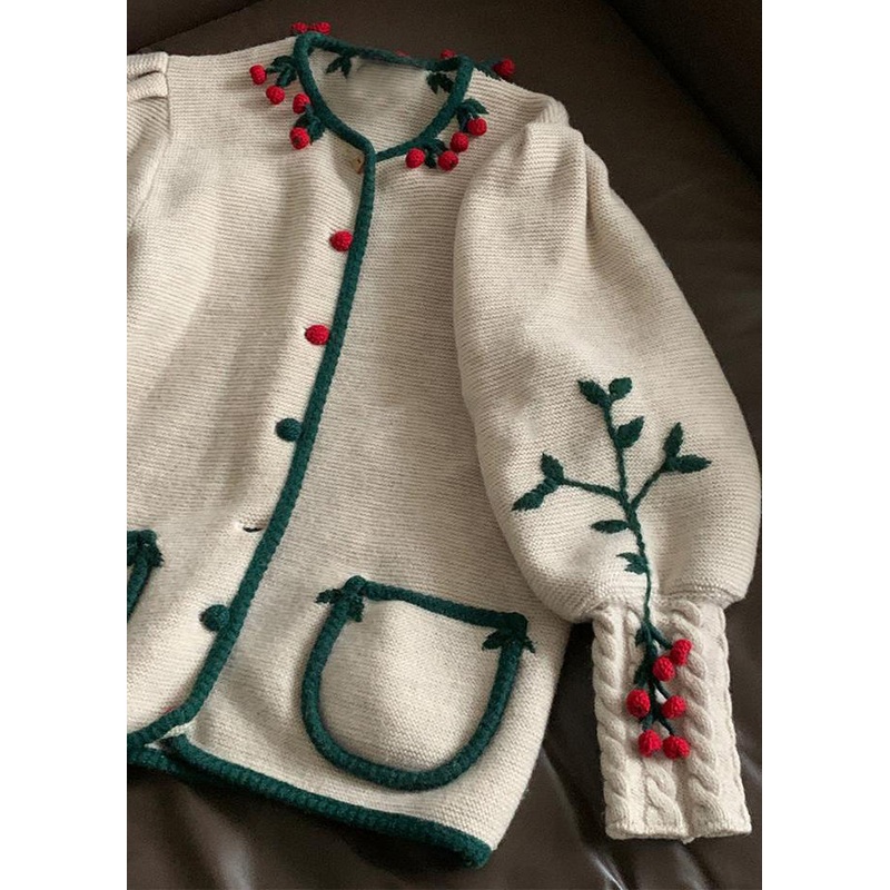 Beautiful Beige Embroidered Button Patchwork Knit Coats Fall