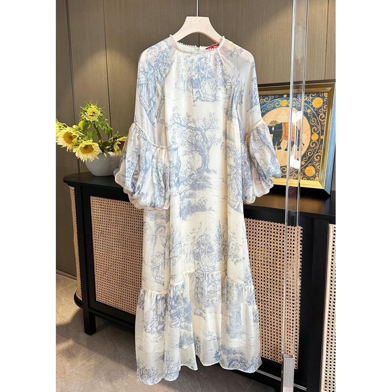 Beautiful Beige Pearl Print Patchwork Dress Puff Sleeve