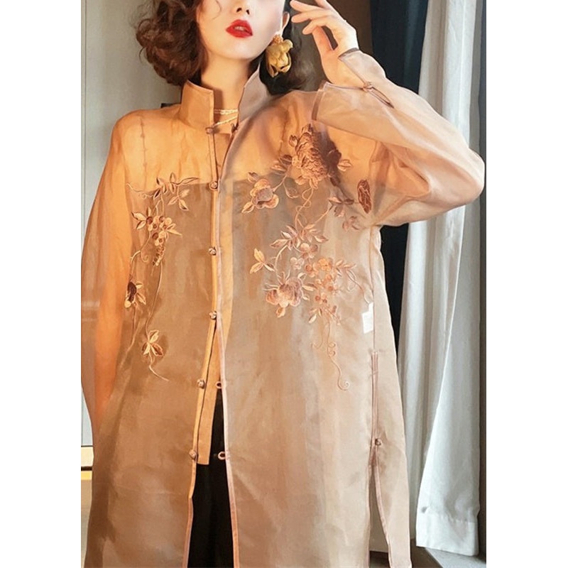 Beautiful Light Brown Embroideried Side Open Sashes Silk Shir Long Sleeve