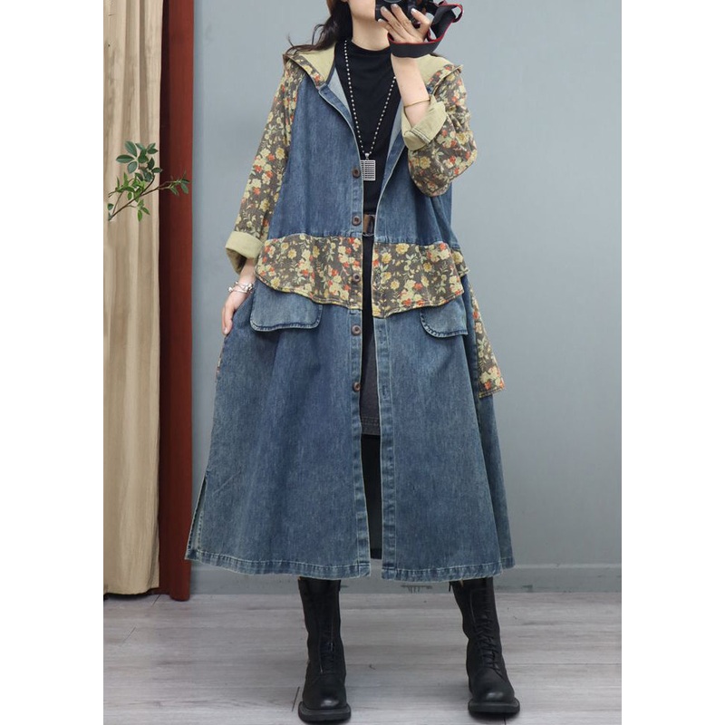 Blue Print Button Patchwork Denim Coat Asymmetrical Long Sleeve