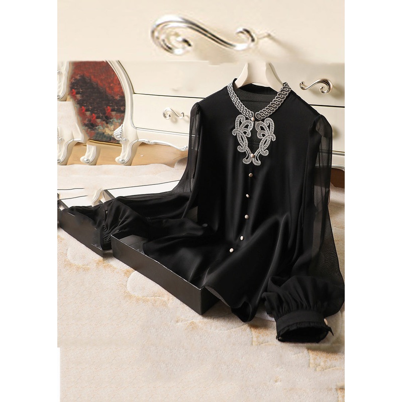 Bohemian Black Embroideried Button Silk Shirts Long Sleeve