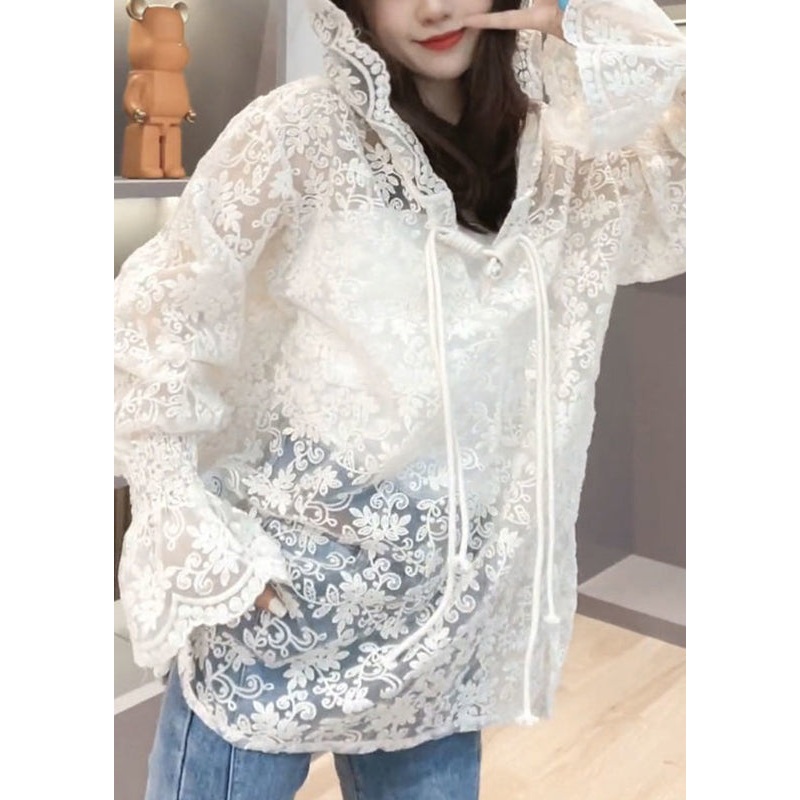 Brief Beige Embroideried Floral Button Hooded UPF 50+ Coat Jacket Summer