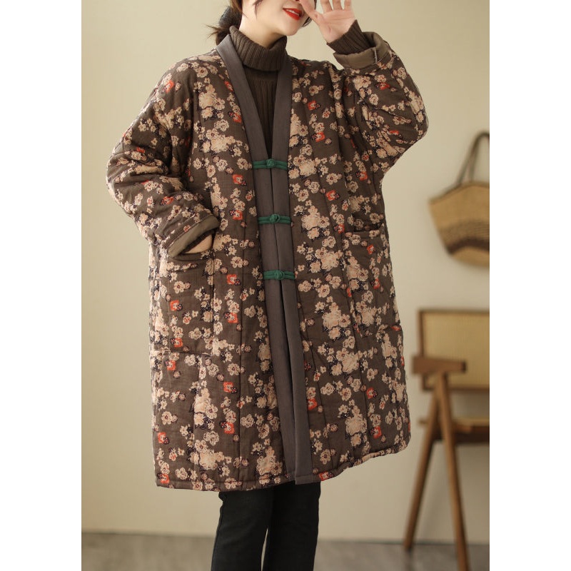 Casual Brown V Neck Print Warm Fleece Thick Long Parka Long Sleeve
