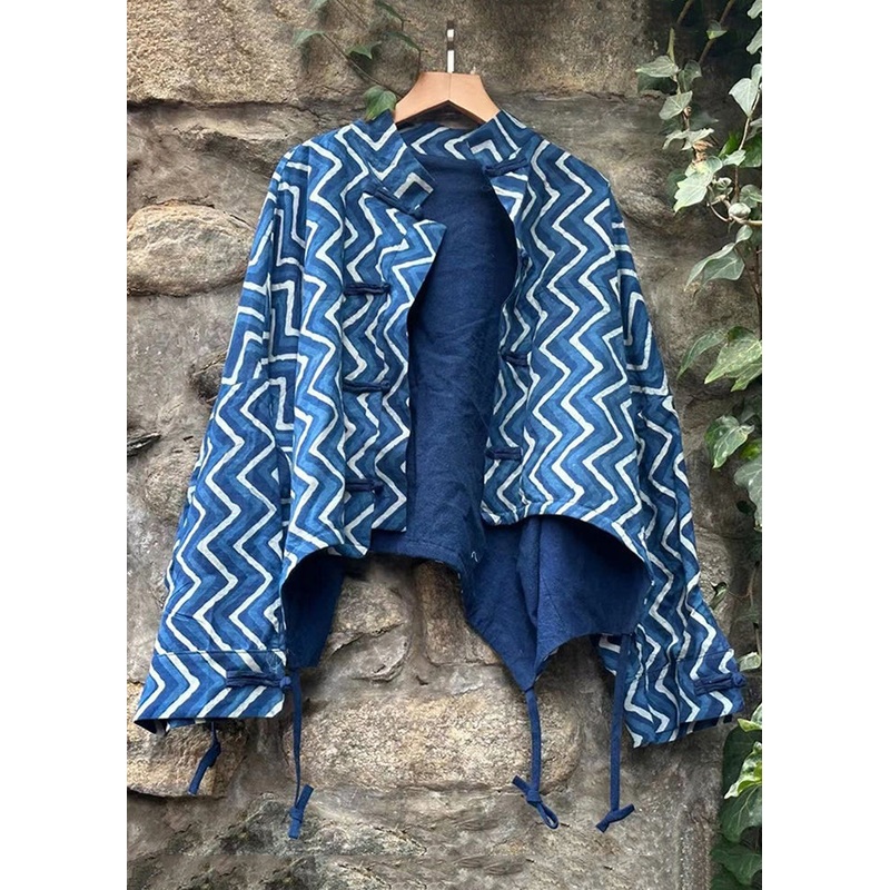 Chic Blue Button Print Patchwork Cotton Coat Fall