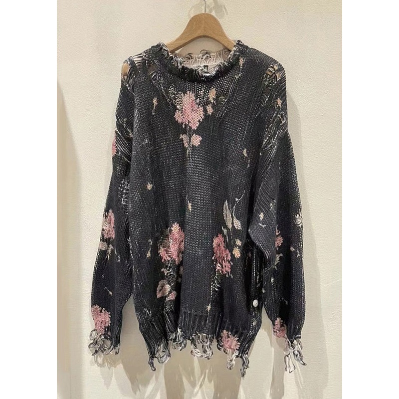 Chic Dark Gray Hole Patchwork Knit Sweaters Top Fall
