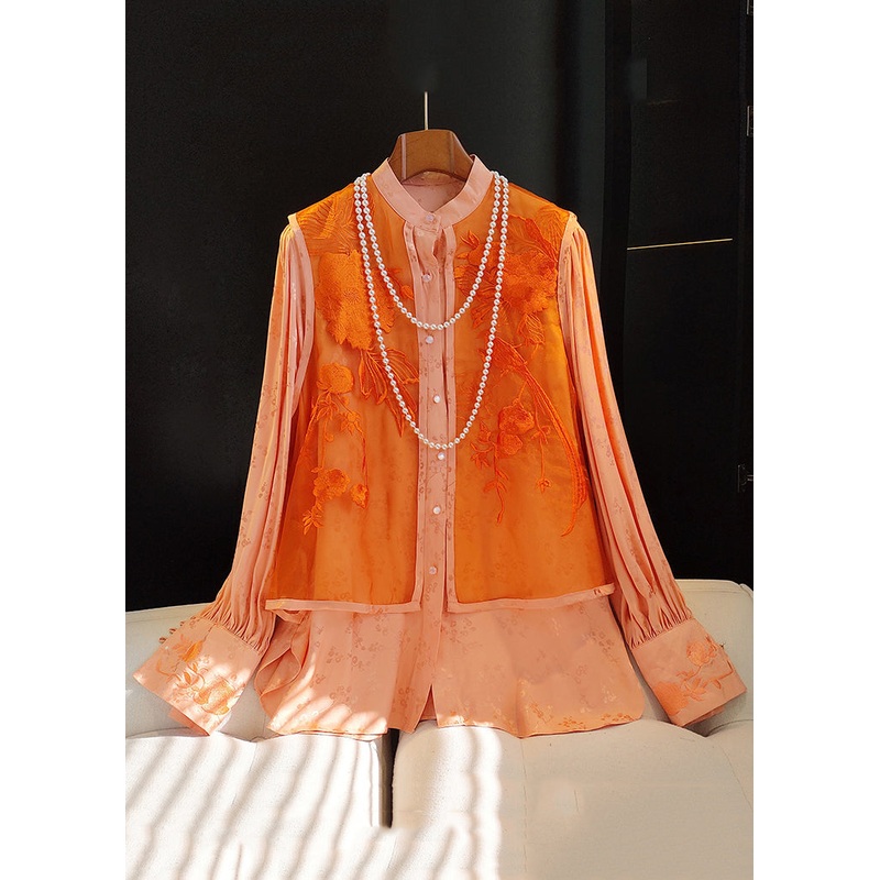 Chic Orange Embroideried Patchwork False Two Pieces Silk Cotton Blouse Fall
