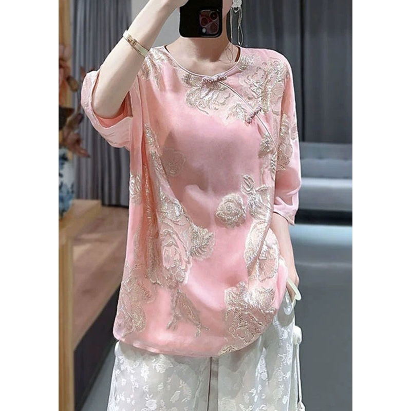 Chic Pink O-Neck Embroidered Button Silk Shirts Bracelet Sleeve