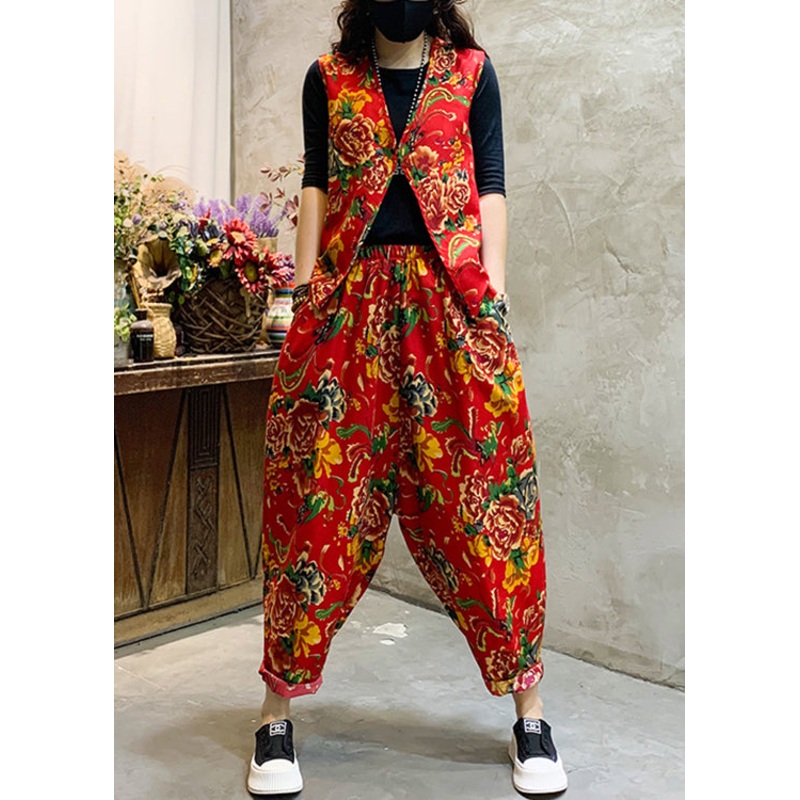 Chic Red Print Elastic Waist Patchwork Cotton Two-Piece Set Sleeveless